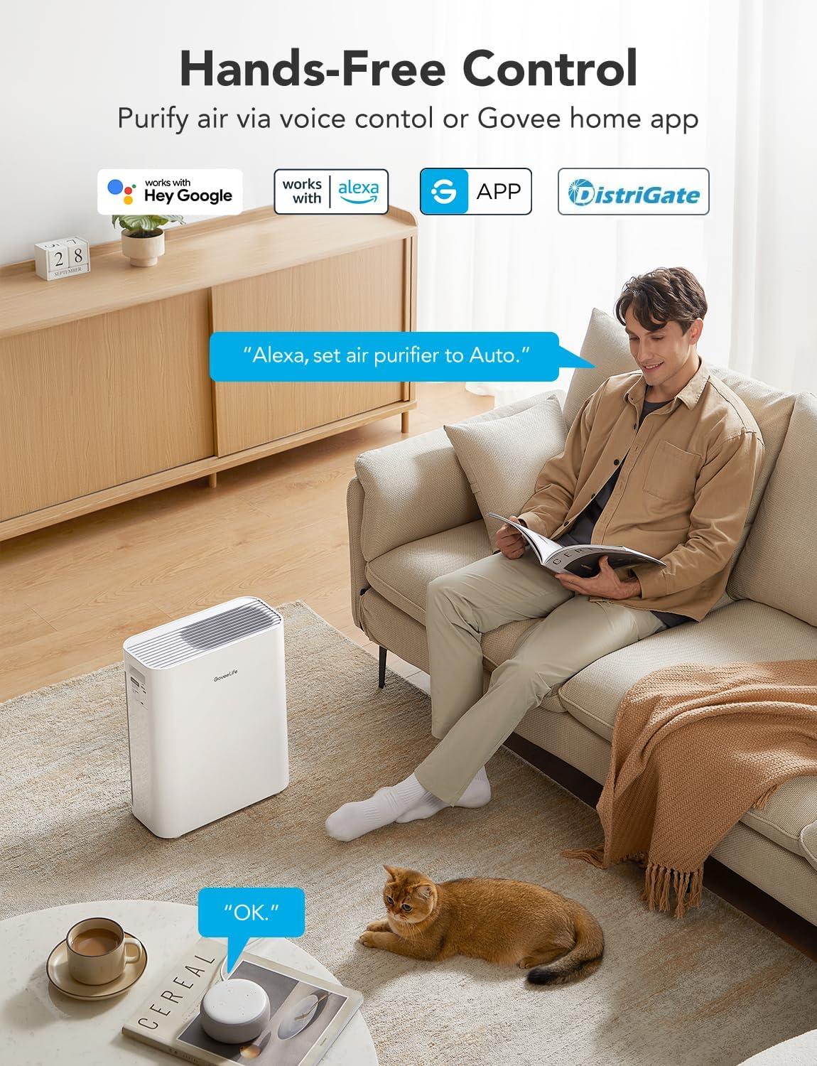 imageGovee Life Smart Air Purifiers for Home Large Room H13 True HEPA Air Purifiers for Pets with PM25 Sensor Washable PreFilter for Pet Hair Lint 24dB Large Air Purifier