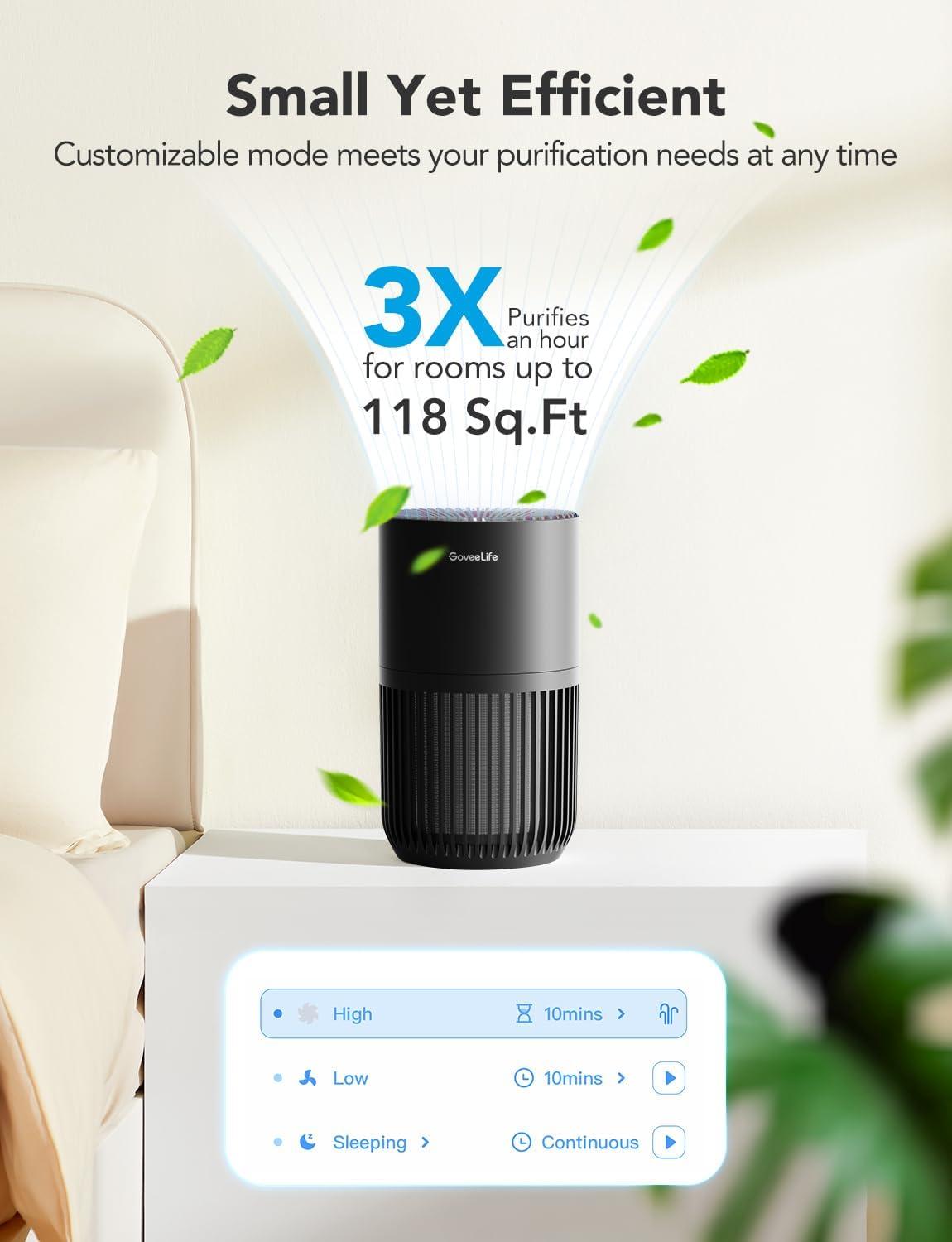 imageGoveeLife Mini Air Purifier for Bedroom HEPA Smart Filter Air Purifier with App Alexa Control for Pet Hair Odors Pollen Smoke Portable Air Cleaner with 3 Speeds 2 Modes Timer Aroma for HomeBlack
