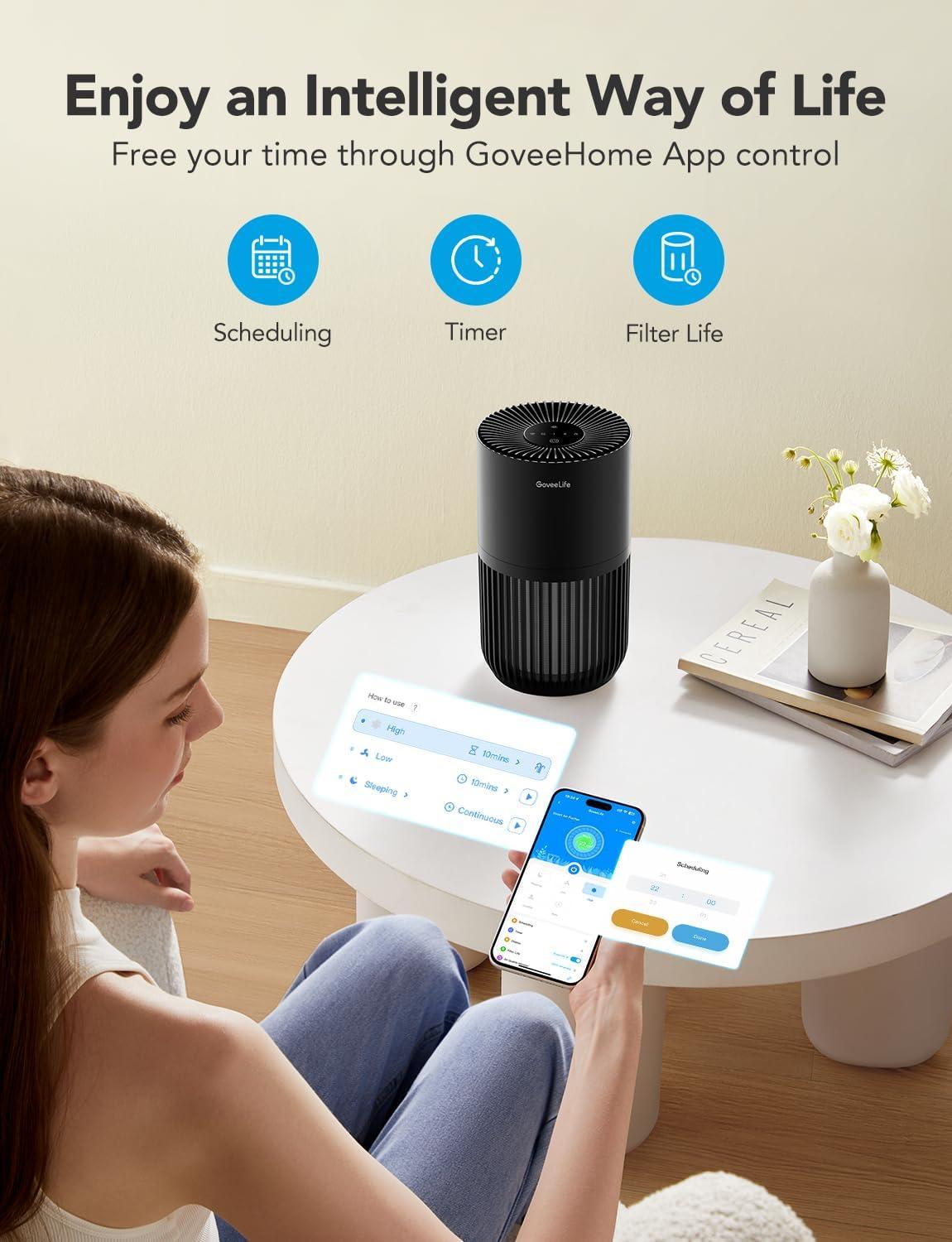 imageGoveeLife Mini Air Purifier for Bedroom HEPA Smart Filter Air Purifier with App Alexa Control for Pet Hair Odors Pollen Smoke Portable Air Cleaner with 3 Speeds 2 Modes Timer Aroma for HomeBlack