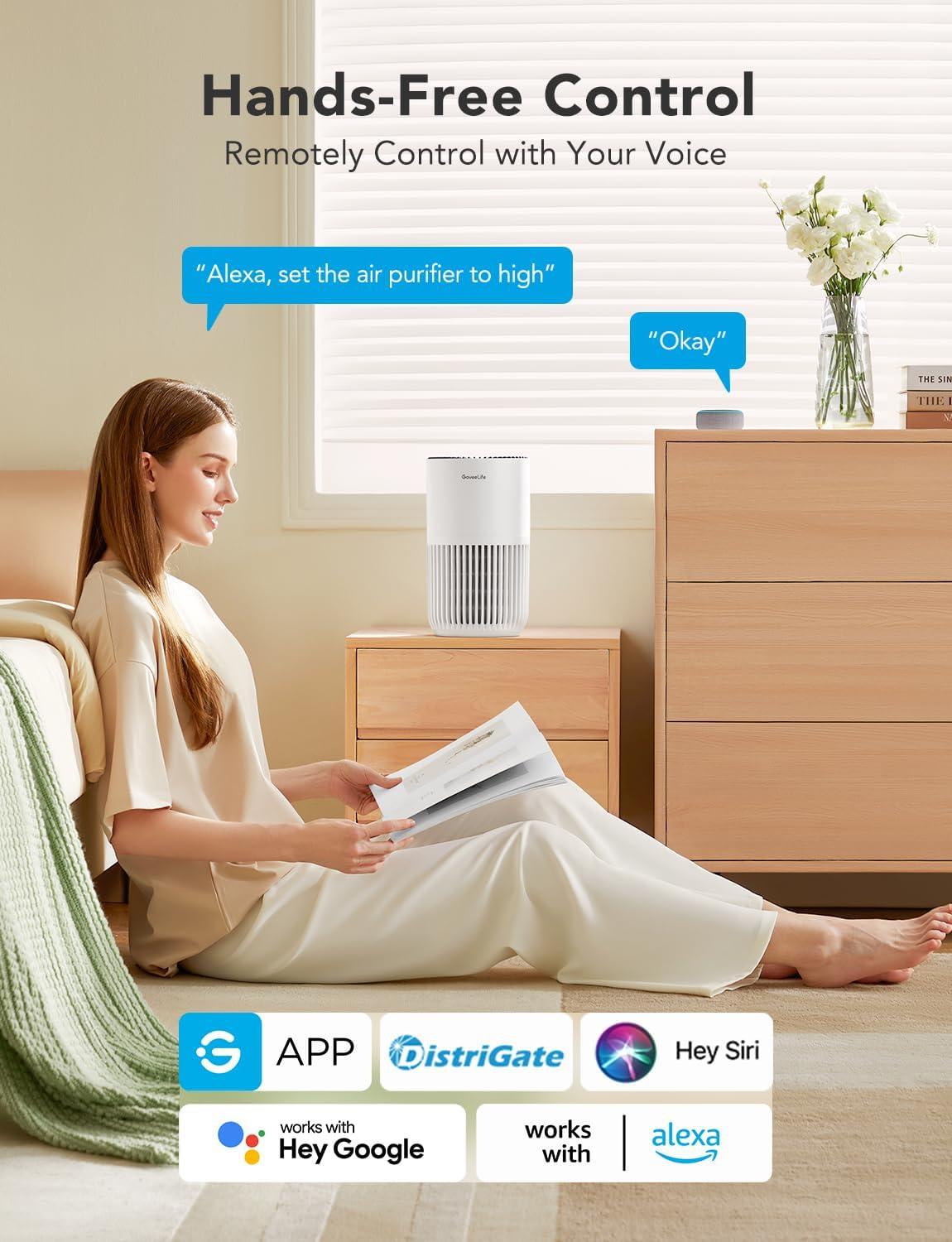 imageGoveeLife Mini Air Purifier for Bedroom HEPA Smart Filter Air Purifier with App Alexa Control for Pet Hair Odors Pollen Smoke Portable Air Cleaner with 3 Speeds 2 Modes Timer Aroma for HomeWhite