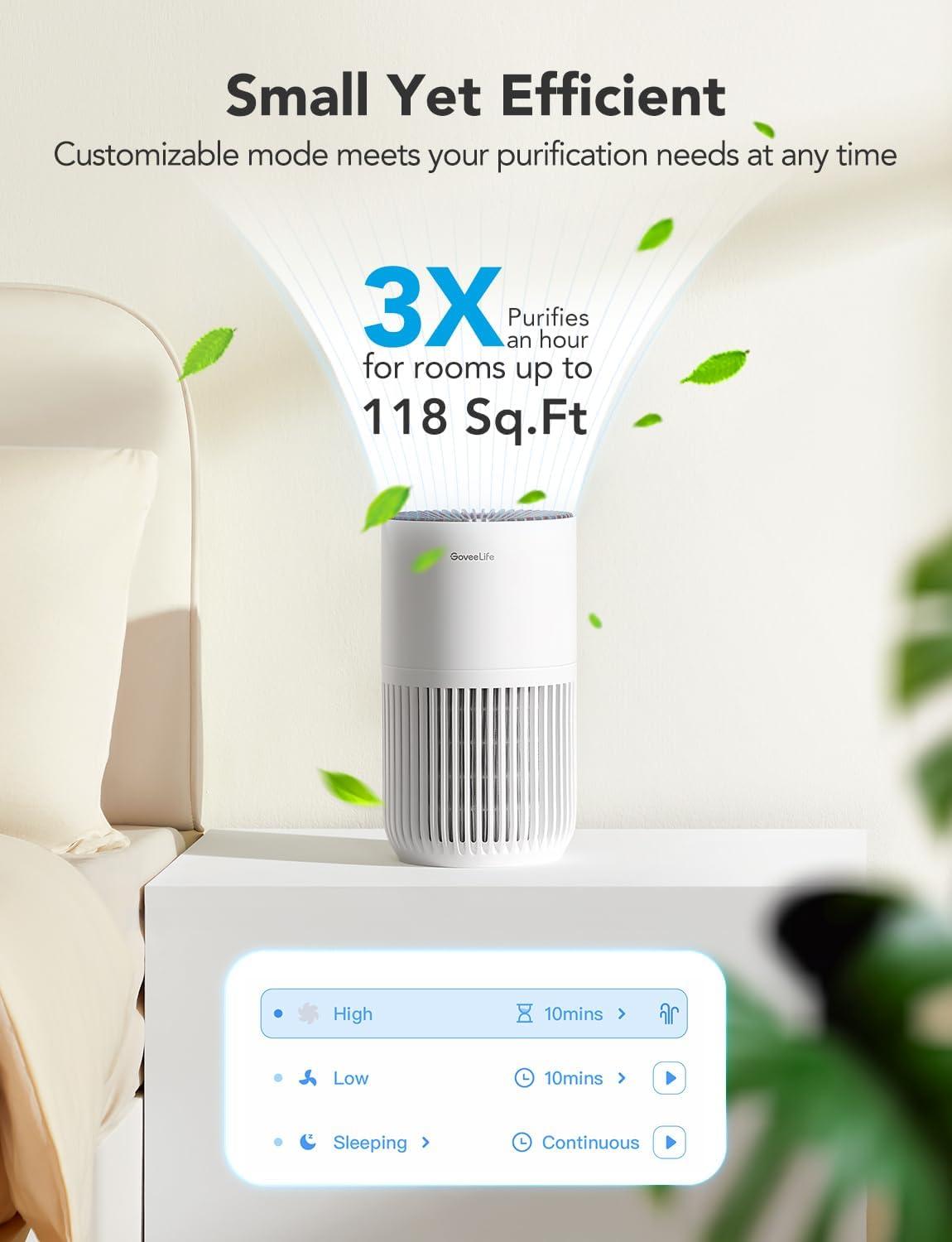 imageGoveeLife Mini Air Purifier for Bedroom HEPA Smart Filter Air Purifier with App Alexa Control for Pet Hair Odors Pollen Smoke Portable Air Cleaner with 3 Speeds 2 Modes Timer Aroma for HomeWhite