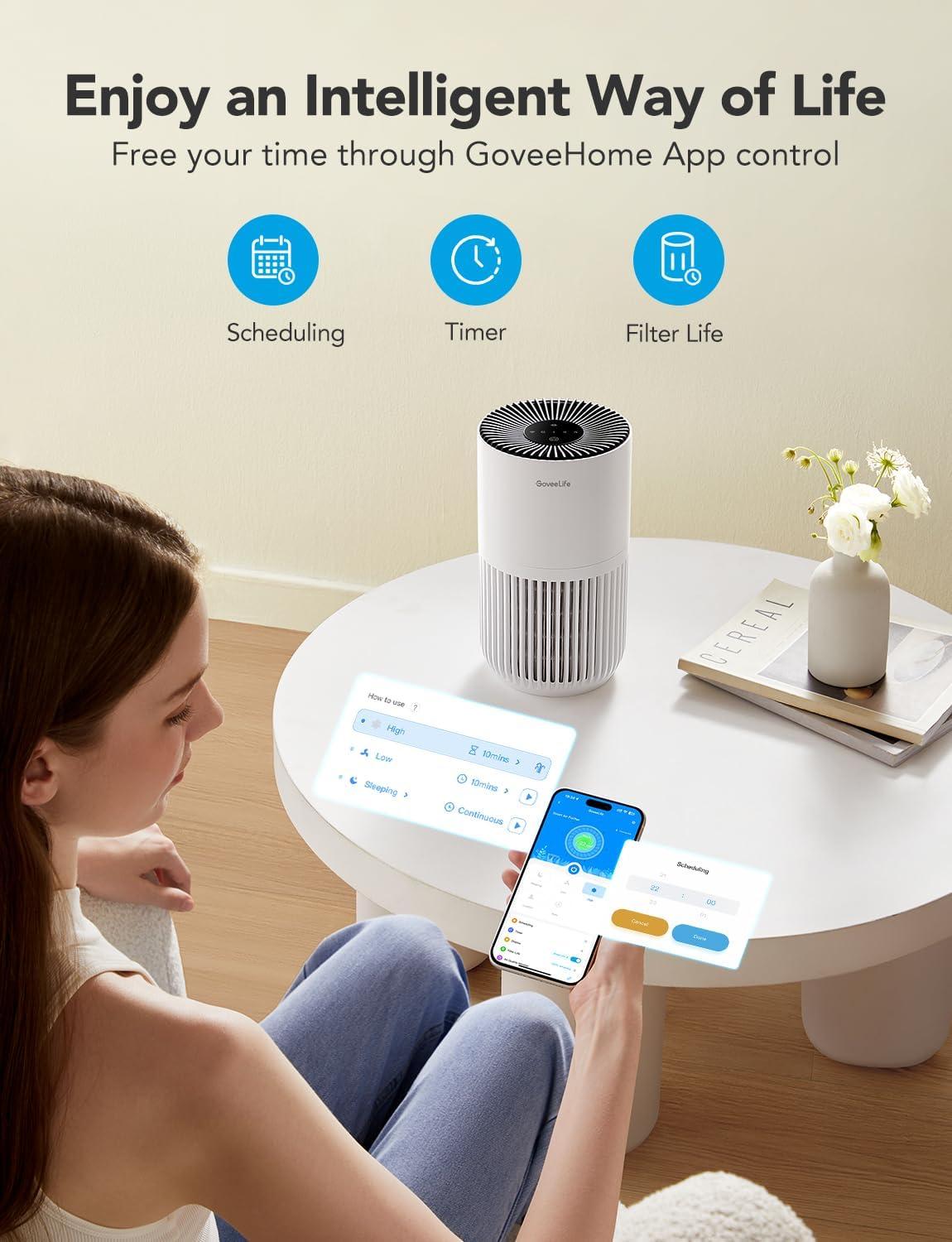 imageGoveeLife Mini Air Purifier for Bedroom HEPA Smart Filter Air Purifier with App Alexa Control for Pet Hair Odors Pollen Smoke Portable Air Cleaner with 3 Speeds 2 Modes Timer Aroma for HomeWhite