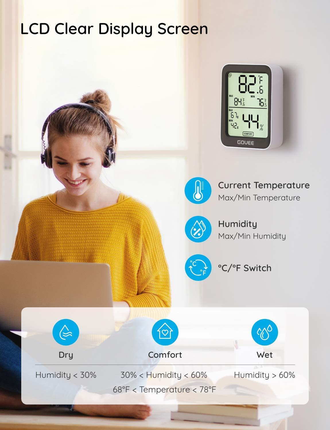 imageGovee Indoor Hygrometer Thermometer 3 Pack Bluetooth Humidity Temperature Gauge with Large LCD Display Notification Alert with Max Min Records 2 Years Data Storage Export for Room Greenhouse BlackBlack