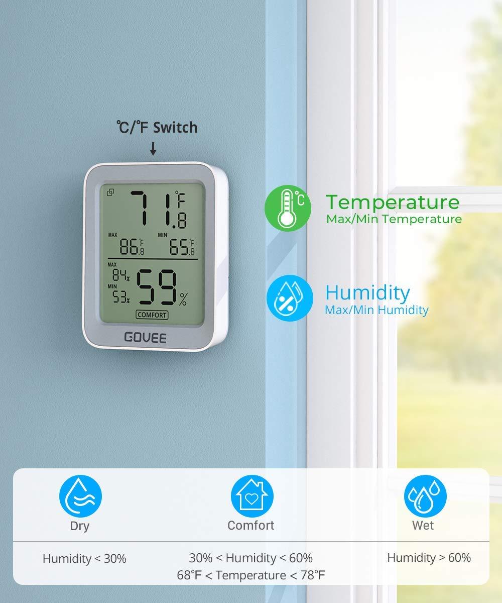 imageGovee Indoor Hygrometer Thermometer 3 Pack Bluetooth Humidity Temperature Gauge with Large LCD Display Notification Alert with Max Min Records 2 Years Data Storage Export for Room Greenhouse BlackGrey