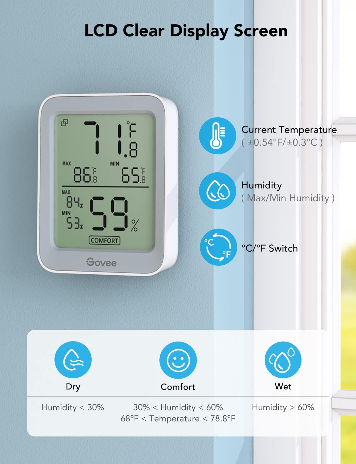 imageGovee Indoor Hygrometer Thermometer 3 Pack Bluetooth Humidity Temperature Gauge with Large LCD Display Notification Alert with Max Min Records 2 Years Data Storage Export for Room Greenhouse BlackGrey