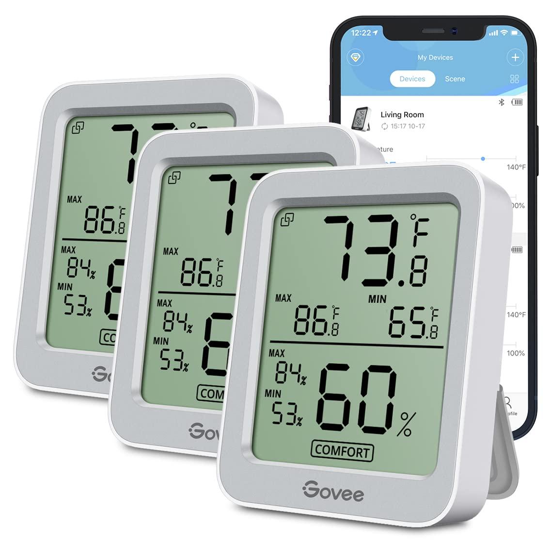 imageGovee Indoor Hygrometer Thermometer 3 Pack Bluetooth Humidity Temperature Gauge with Large LCD Display Notification Alert with Max Min Records 2 Years Data Storage Export for Room Greenhouse BlackGrey