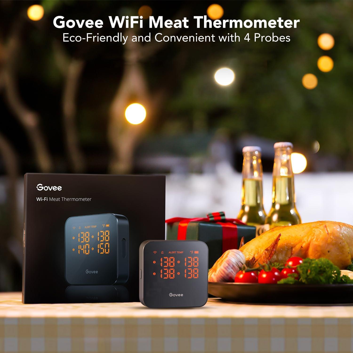 imageGovee Wireless Meat Thermometer with 4 Probe Smart WiFi Meat Thermometer with Unlimited Range App Notification Alert Digital Rechargeable Bluetooth Food Thermometer for Smoker BBQ Grill Oven Kitchen