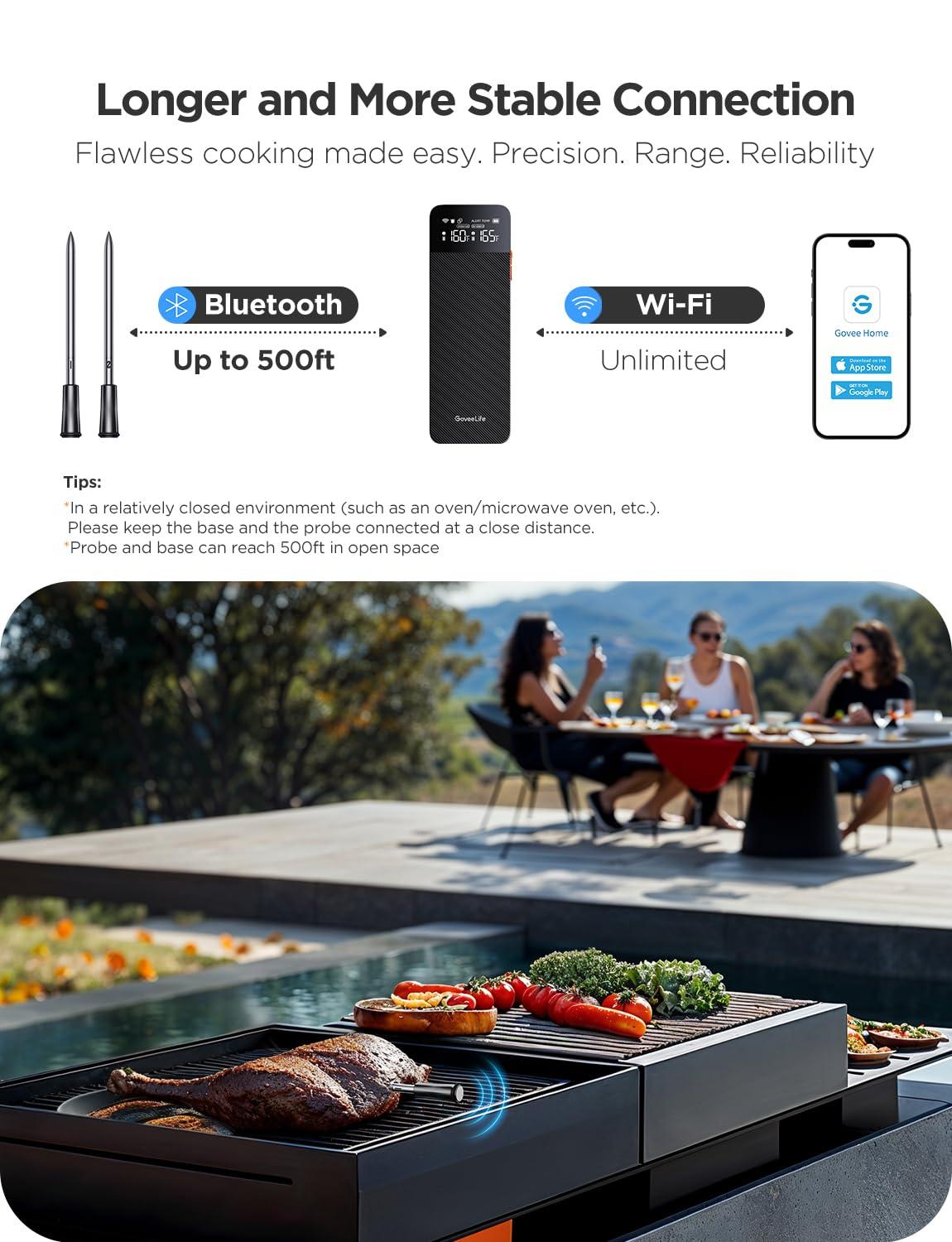 imageGoveeLife Digital Meat Thermometer Wireless with WiFi Bluetooth Food Thermometer for Cooking Long Range Probe Monitoring Rechargeable Base APP Alerts Recipes for BBQ Oven Grill SmokerDouble Probe Set