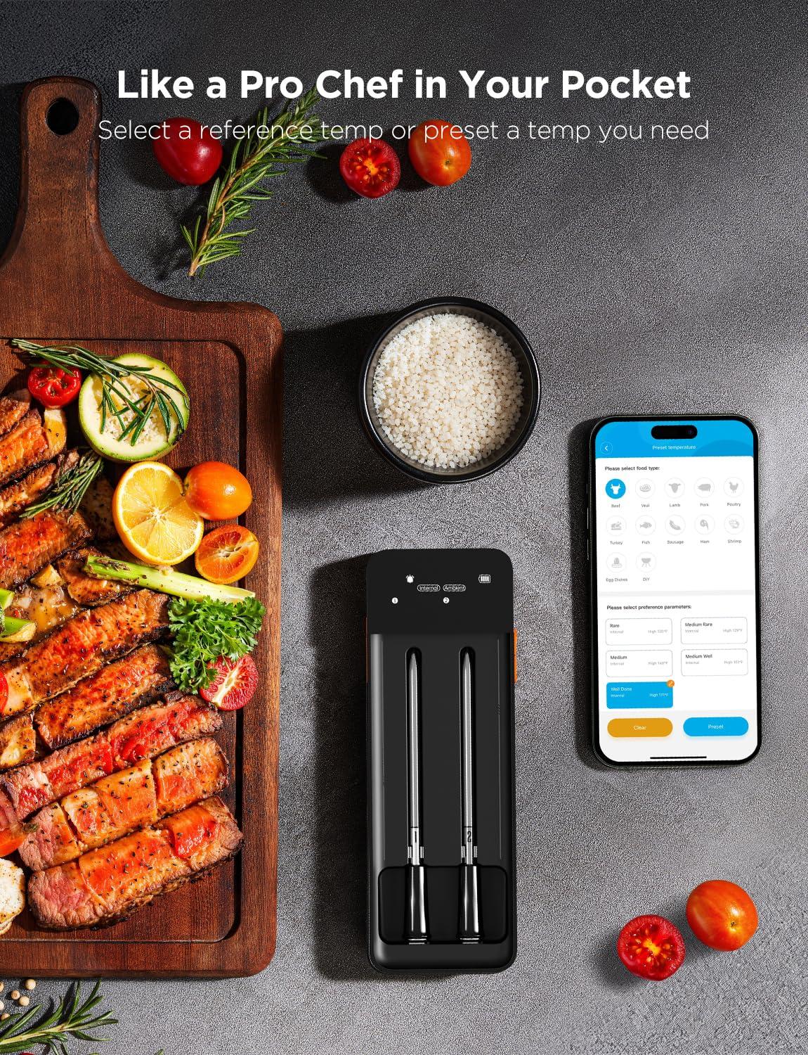 imageGoveeLife Digital Meat Thermometer Wireless with WiFi Bluetooth Food Thermometer for Cooking Long Range Probe Monitoring Rechargeable Base APP Alerts Recipes for BBQ Oven Grill SmokerDouble Probe Set