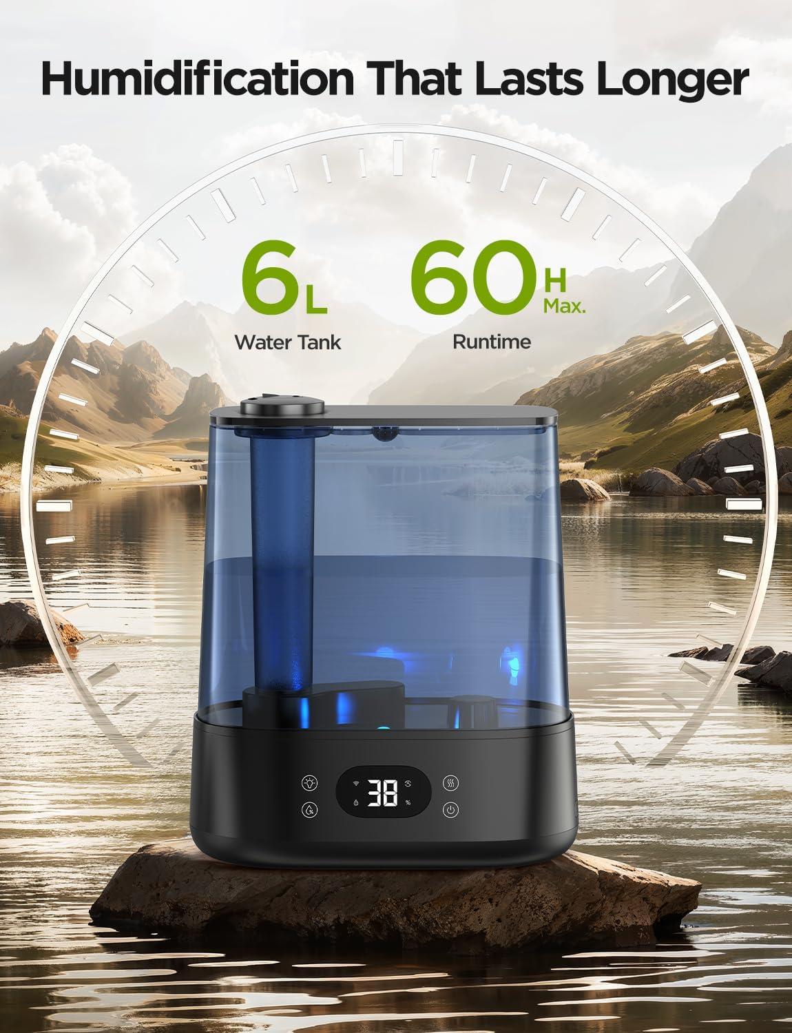 imageGoveeLife Smart Humidifiers for Bedroom 6L Cool Mist Top Fill for Large Room Humidity Sensor Auto Mode 60H Quiet Runtime Schedule WiFi Humidifier for Baby Plant Compatible with Alexa BlackBlack