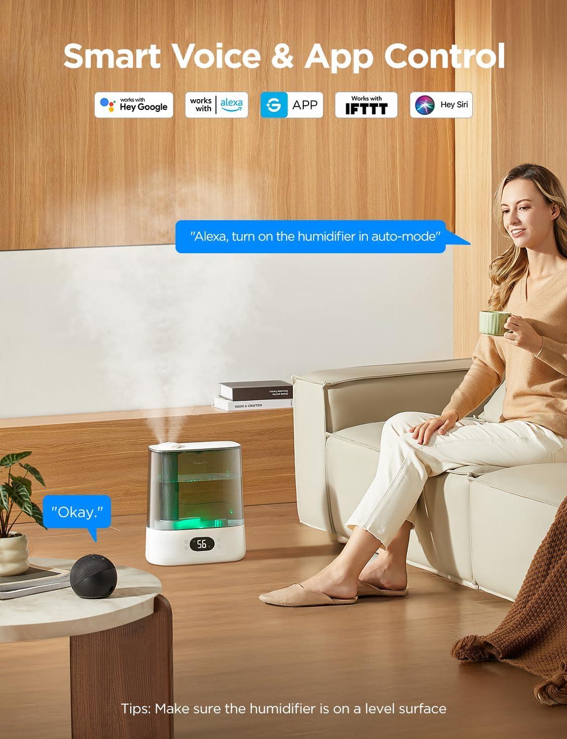 imageGoveeLife Smart Humidifiers for Bedroom 6L Cool Mist Top Fill for Large Room Humidity Sensor Auto Mode 60H Quiet Runtime Schedule WiFi Humidifier for Baby Plant Compatible with Alexa BlackWhite