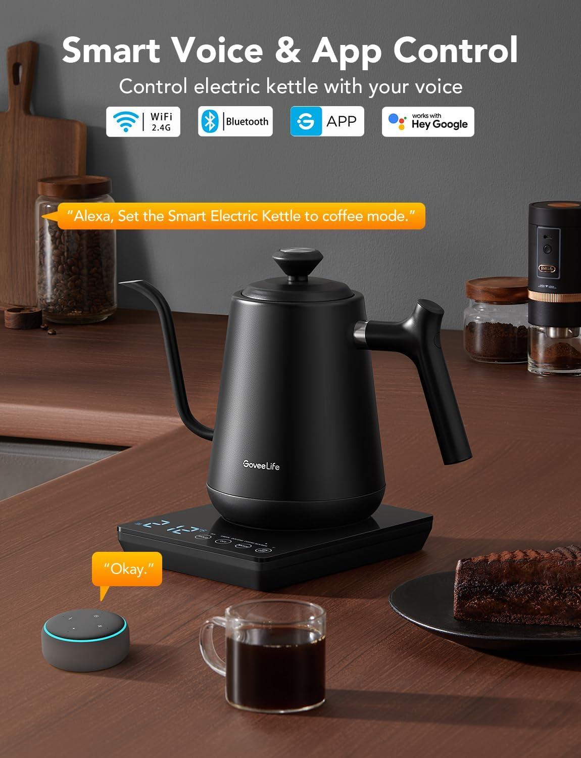 imageGoveeLife Smart WiFi Electric Kettle with LED Display Variable Temperature Control 08L Alexa Compatible  Stainless Steel Kettle for Pour Over Coffee Brew Tea Boil Hot Water Matte Black