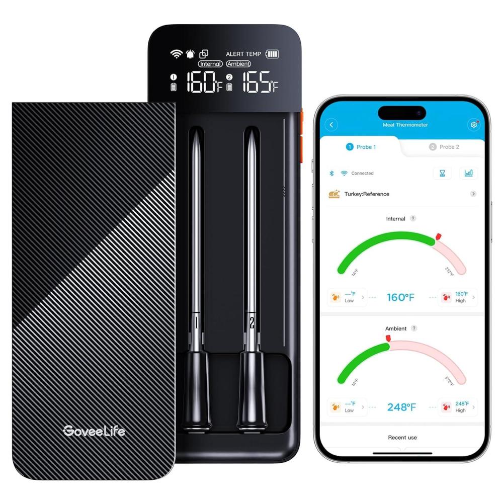 imageGoveeLife Digital Meat Thermometer Wireless with WiFi Bluetooth Food Thermometer for Cooking Long Range Probe Monitoring Rechargeable Base APP Alerts Recipes for BBQ Oven Grill SmokerDouble Probe Set