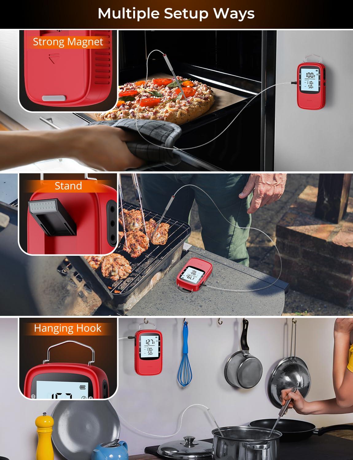 imageGovee Bluetooth Meat Thermometer Wireless Meat Thermometer for Smoker Oven Digital Grill Thermometer with 6 Probes Timer Mode Smart LCD Backlight BBQ Thermometer for Cooking Turkey Fish BeefRed
