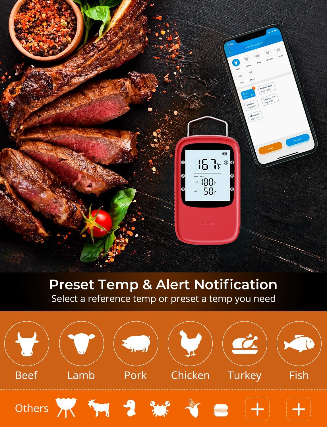 imageGovee Bluetooth Meat Thermometer Wireless Meat Thermometer for Smoker Oven Digital Grill Thermometer with 6 Probes Timer Mode Smart LCD Backlight BBQ Thermometer for Cooking Turkey Fish BeefRed