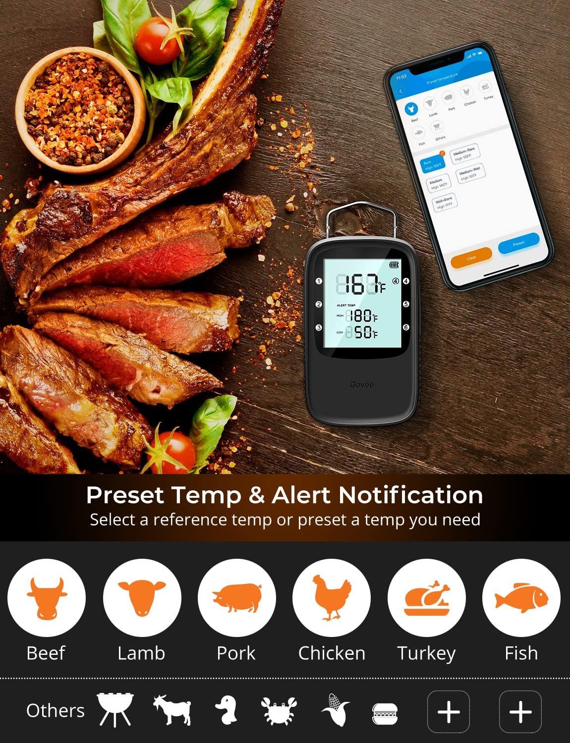 imageGovee Bluetooth Meat Thermometer Wireless Meat Thermometer for Smoker Oven Digital Grill Thermometer with 6 Probes Timer Mode Smart LCD Backlight BBQ Thermometer for Cooking Turkey Fish BeefBlack