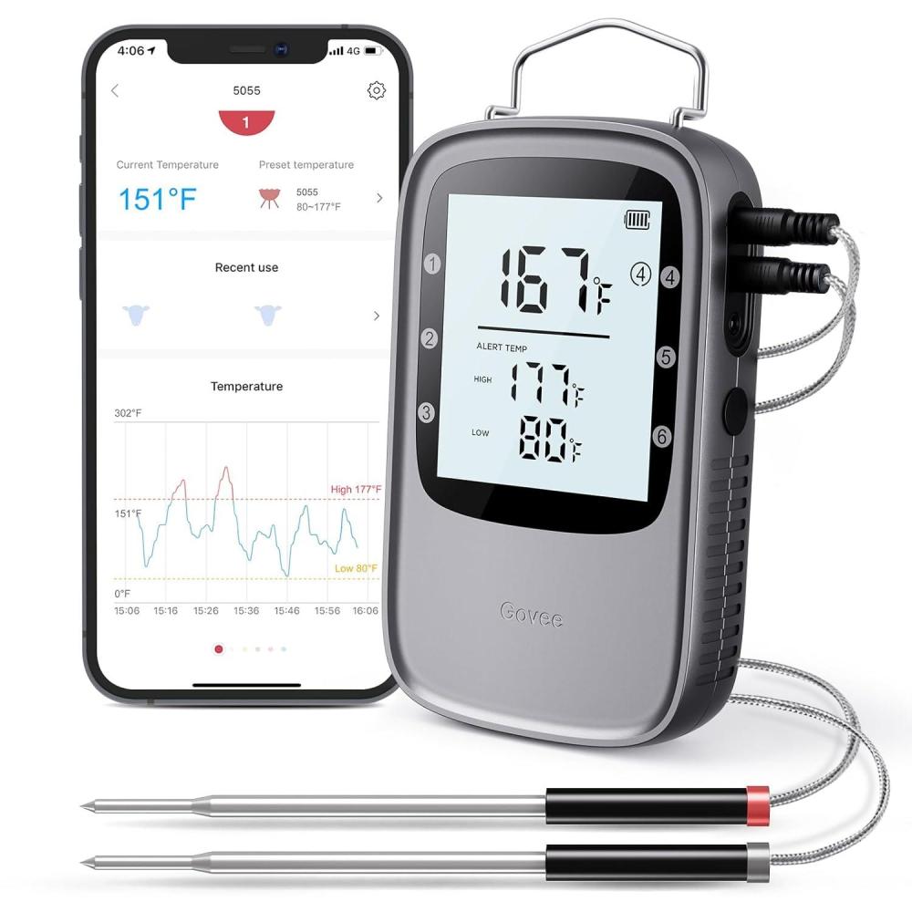 imageGovee Bluetooth Meat Thermometer Wireless Meat Thermometer for Smoker Oven Digital Grill Thermometer with 6 Probes Timer Mode Smart LCD Backlight BBQ Thermometer for Cooking Turkey Fish BeefSilver