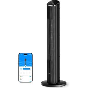 image:imageGoveeLife Black Tower Fan for Bedroom 36 Smart Floor Fan with AppVoice Control Temperature Sensor 5 Modes 8 Speeds25fts 29dB Quiet Oscillating Fan for Office 24H Timer Auto CoolingBlack